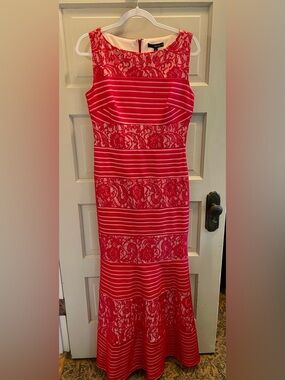 Signature by Sangria Red and Cream Striped Lace Maxi Dress